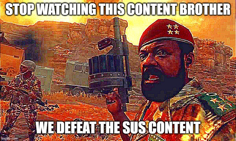 stop watching sus content | STOP WATCHING THIS CONTENT BROTHER; WE DEFEAT THE SUS CONTENT | image tagged in mpla | made w/ Imgflip meme maker