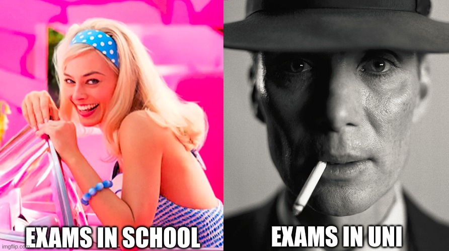 exams are over | EXAMS IN SCHOOL; EXAMS IN UNI | image tagged in barbie vs oppenheimer | made w/ Imgflip meme maker