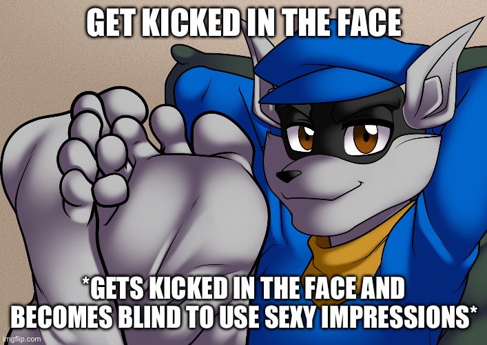 Ouch? | GET KICKED IN THE FACE; *GETS KICKED IN THE FACE AND BECOMES BLIND TO USE SEXY IMPRESSIONS* | image tagged in sly cooper kick-back | made w/ Imgflip meme maker