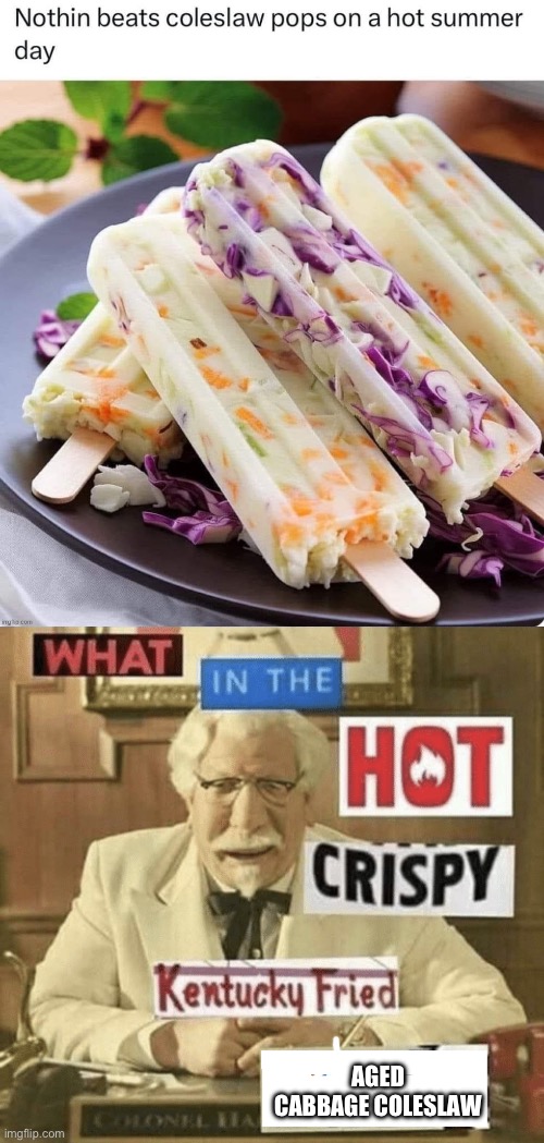 Coleslaw | AGED CABBAGE COLESLAW | image tagged in what in the hot crispy kentucky fried frick,popsicle,salad | made w/ Imgflip meme maker
