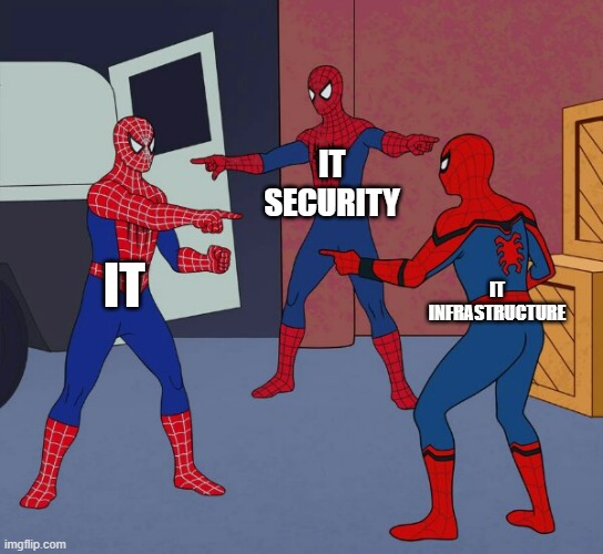 Spider Man Triple | IT SECURITY; IT; IT INFRASTRUCTURE | image tagged in spider man triple | made w/ Imgflip meme maker