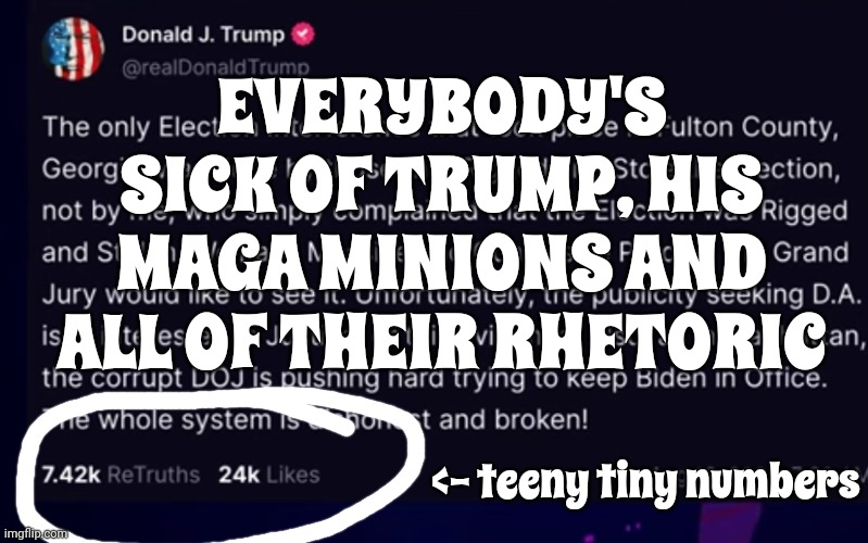 We Know You Know You're Lying And We Wonder Why You're Willingly Humiliating Yourself For A Man You'll Never Meet | EVERYBODY'S SICK OF TRUMP, HIS MAGA MINIONS AND ALL OF THEIR RHETORIC; <- teeny tiny numbers | image tagged in scumbag trump,lock him up,scumbag republicans,scumbag maga,trump lies,memes | made w/ Imgflip meme maker