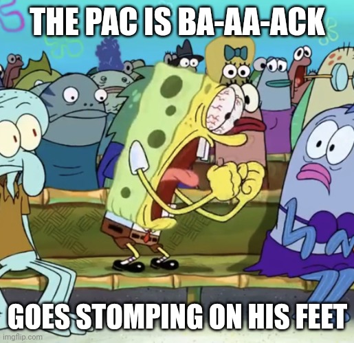 THE PAC IS BA- | THE PAC IS BA-AA-ACK; GOES STOMPING ON HIS FEET | image tagged in spongebob yelling | made w/ Imgflip meme maker