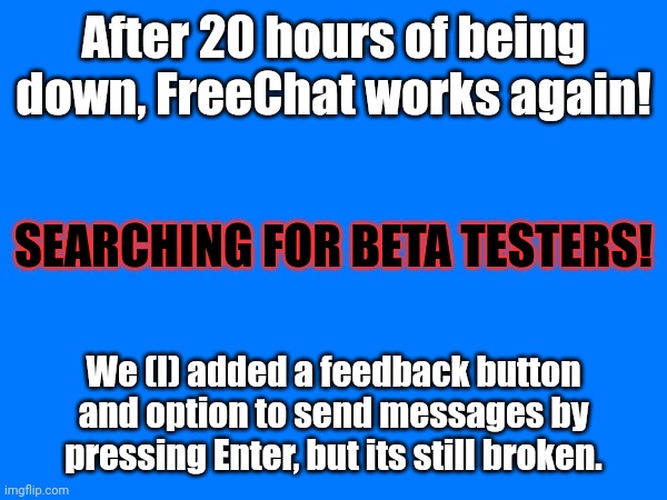 SEARCHING BETA TESTERS | After 20 hours of being down, FreeChat works again! SEARCHING FOR BETA TESTERS! We (I) added a feedback button and option to send messages by pressing Enter, but its still broken. | image tagged in freechat | made w/ Imgflip meme maker