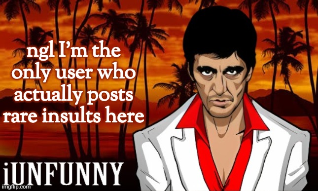 the rest is just common ones | ngl I'm the only user who actually posts rare insults here | image tagged in iunfunny's scarface template | made w/ Imgflip meme maker