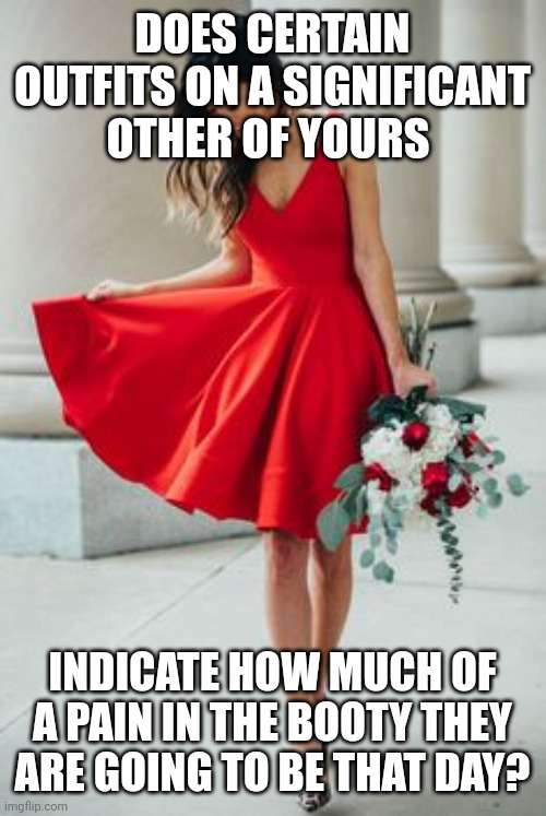 Pain in the booty outfits | DOES CERTAIN OUTFITS ON A SIGNIFICANT OTHER OF YOURS; INDICATE HOW MUCH OF A PAIN IN THE BOOTY THEY ARE GOING TO BE THAT DAY? | image tagged in humor,public,i love you,jokes,clothing | made w/ Imgflip meme maker