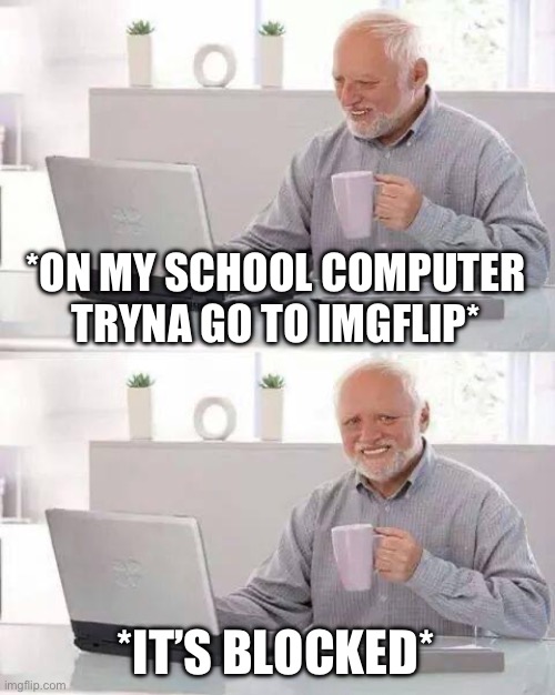 I get to see yall after school btw! Bye! | *ON MY SCHOOL COMPUTER TRYNA GO TO IMGFLIP*; *IT’S BLOCKED* | image tagged in memes,hide the pain harold | made w/ Imgflip meme maker