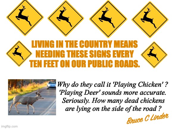 Deer Crossing | LIVING IN THE COUNTRY MEANS
NEEDING THESE SIGNS EVERY
TEN FEET ON OUR PUBLIC ROADS. Why do they call it 'Playing Chicken' ? 
'Playing Deer' sounds more accurate. 
Seriously. How many dead chickens
are lying on the side of the road ? Bruce C Linder | image tagged in deer,deer crossing,playing chicken,playing deer,totaling your car | made w/ Imgflip meme maker