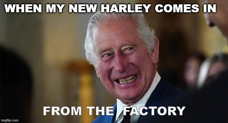 WHEN MY NEW HARLEY COMES IN FROM THE FACTORY | WHEN MY NEW HARLEY COMES IN; FROM THE  FACTORY | image tagged in king charles | made w/ Imgflip meme maker