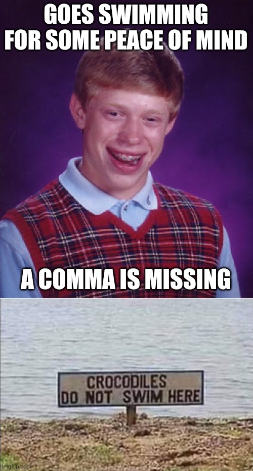 Punctuation matters!! | GOES SWIMMING FOR SOME PEACE OF MIND; A COMMA IS MISSING | image tagged in memes,bad luck brian | made w/ Imgflip meme maker