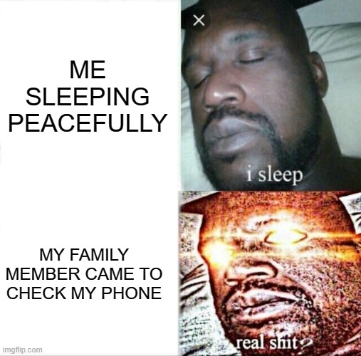 TRUE IS'NT IT | ME SLEEPING PEACEFULLY; MY FAMILY MEMBER CAME TO CHECK MY PHONE | image tagged in memes,sleeping shaq | made w/ Imgflip meme maker