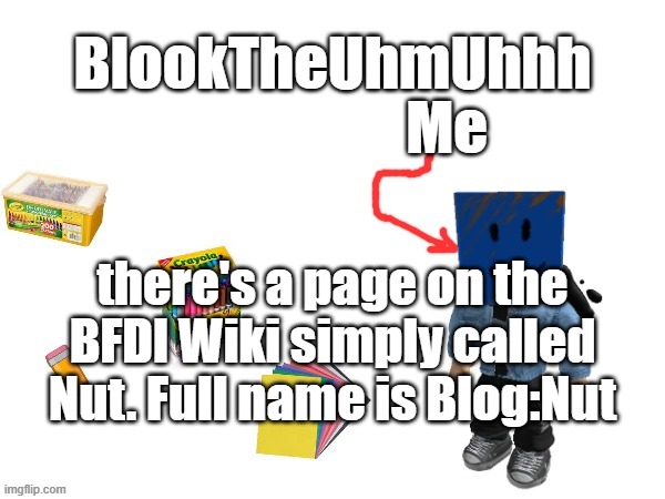 Blook's New Announcements | there's a page on the BFDI Wiki simply called Nut. Full name is Blog:Nut | image tagged in blook's new announcements | made w/ Imgflip meme maker