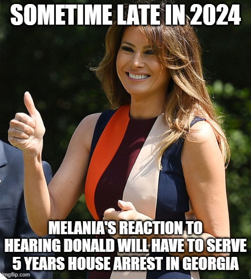 Late 2024; Melania learns Donald will serve house arrest in Georgia | SOMETIME LATE IN 2024; MELANIA'S REACTION TO HEARING DONALD WILL HAVE TO SERVE 5 YEARS HOUSE ARREST IN GEORGIA | image tagged in melania trump thumbs up jpp,donald trump,prison,georgia,treason,oath-breaker | made w/ Imgflip meme maker