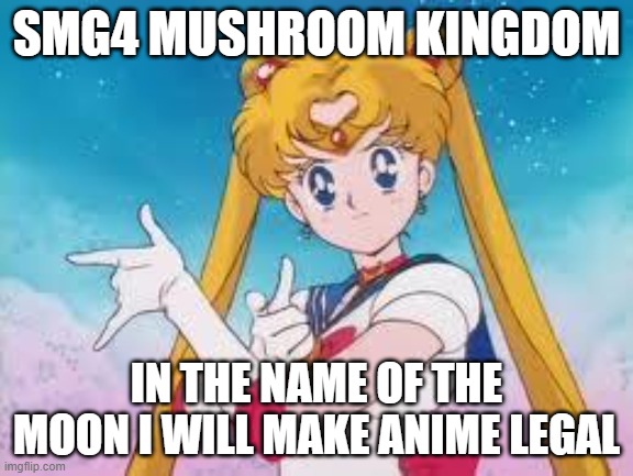 Sailor Moon Punishes | SMG4 MUSHROOM KINGDOM; IN THE NAME OF THE MOON I WILL MAKE ANIME LEGAL | image tagged in sailor moon punishes | made w/ Imgflip meme maker