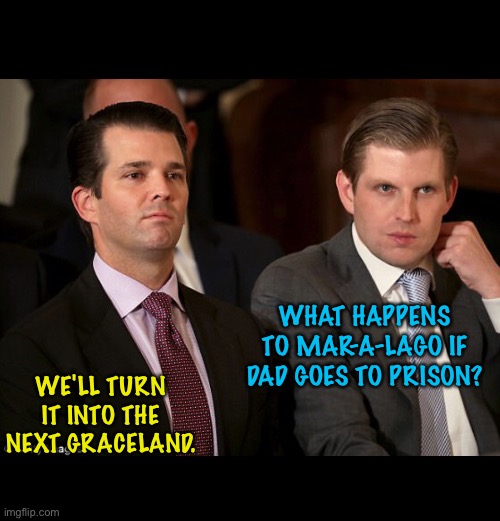 Don Jr & Eric | WHAT HAPPENS TO MAR-A-LAGO IF DAD GOES TO PRISON? WE'LL TURN IT INTO THE NEXT GRACELAND. | image tagged in donald jr and eric trump | made w/ Imgflip meme maker