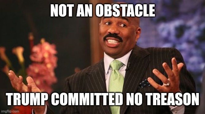 NOT AN OBSTACLE TRUMP COMMITTED NO TREASON | image tagged in memes,steve harvey | made w/ Imgflip meme maker
