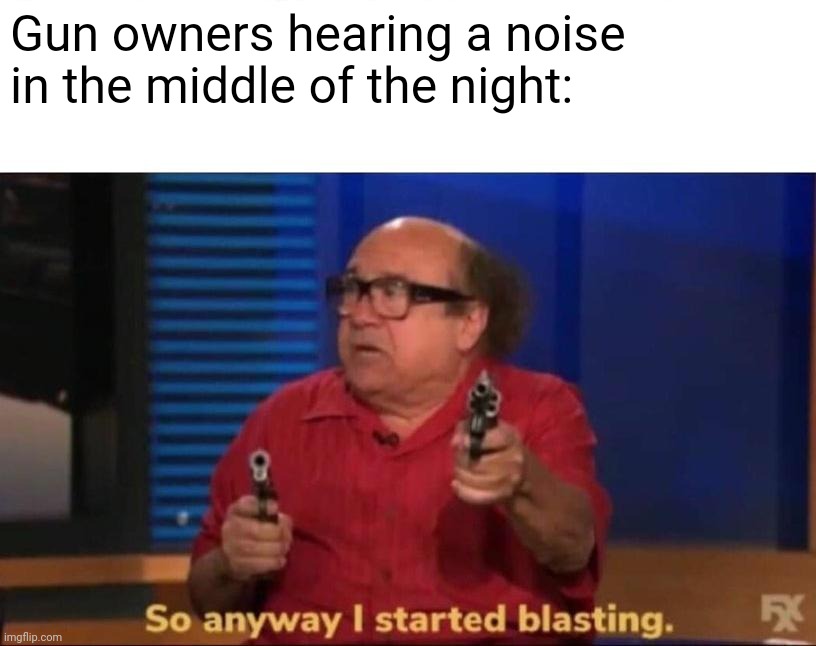 So anyway I started blasting | Gun owners hearing a noise in the middle of the night: | image tagged in so anyway i started blasting,guns,gun | made w/ Imgflip meme maker