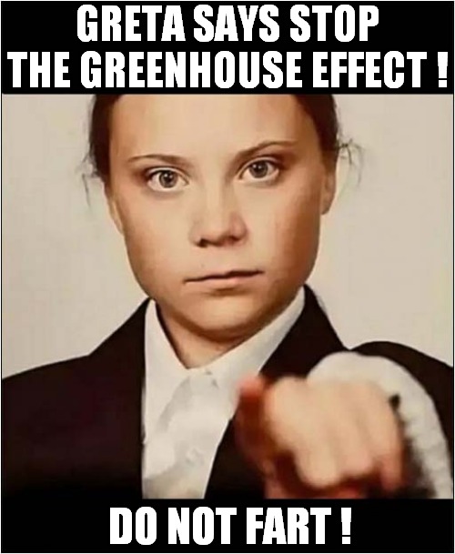 You Must Obey ! | GRETA SAYS STOP THE GREENHOUSE EFFECT ! DO NOT FART ! | image tagged in fun,greta thunberg,greenhouse,gas,fart,obey | made w/ Imgflip meme maker