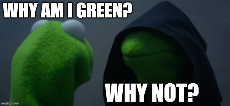 Evil Kermit | WHY AM I GREEN? WHY NOT? | image tagged in memes,evil kermit | made w/ Imgflip meme maker