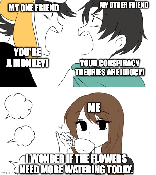 More Tea? | MY OTHER FRIEND; MY ONE FRIEND; YOU'RE A MONKEY! YOUR CONSPIRACY THEORIES ARE IDIOCY! ME; I WONDER IF THE FLOWERS NEED MORE WATERING TODAY. | image tagged in emirichu sipping tea while 2 boys fight | made w/ Imgflip meme maker
