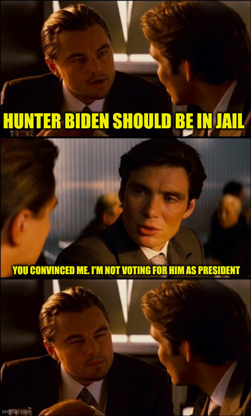 Private citizen Hunter never ran for office, but Republicans don't have any other cards to play | HUNTER BIDEN SHOULD BE IN JAIL; YOU CONVINCED ME. I'M NOT VOTING FOR HIM AS PRESIDENT | image tagged in conversation | made w/ Imgflip meme maker