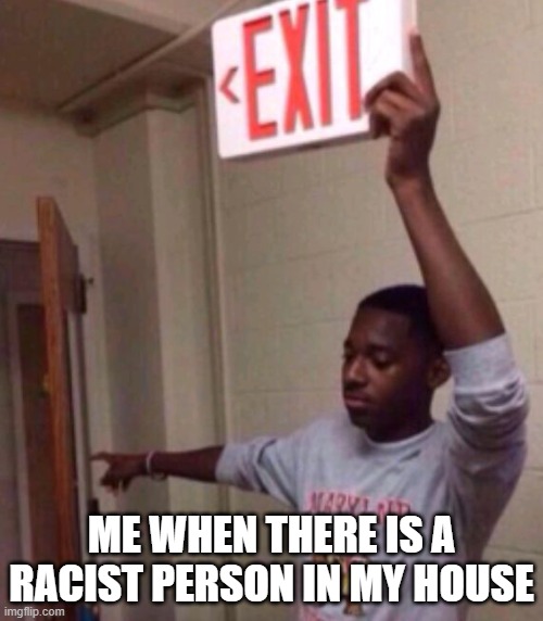 i do not like racist people | ME WHEN THERE IS A RACIST PERSON IN MY HOUSE | image tagged in exit sign guy | made w/ Imgflip meme maker