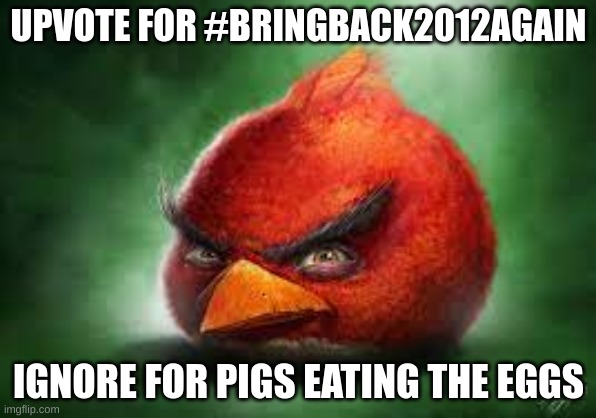 giv upvot | UPVOTE FOR #BRINGBACK2012AGAIN; IGNORE FOR PIGS EATING THE EGGS | image tagged in realistic red angry birds | made w/ Imgflip meme maker