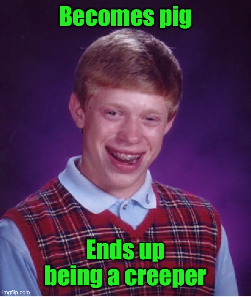 Bad Luck Brian | Becomes pig; Ends up being a creeper | image tagged in memes,bad luck brian | made w/ Imgflip meme maker