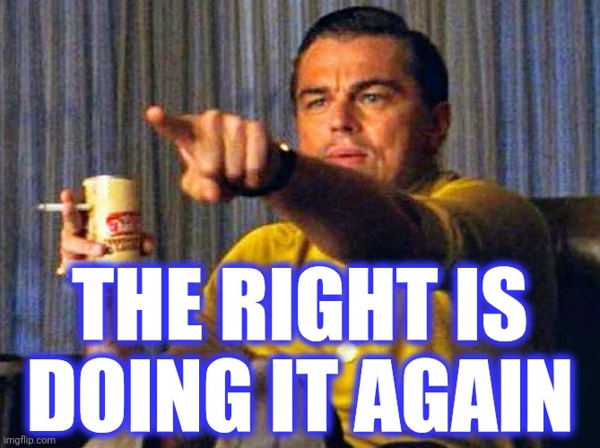 Leonardo Dicaprio pointing at tv | THE RIGHT IS DOING IT AGAIN | image tagged in leonardo dicaprio pointing at tv | made w/ Imgflip meme maker