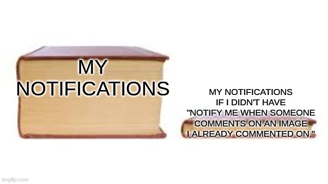 Notifications | MY NOTIFICATIONS; MY NOTIFICATIONS IF I DIDN'T HAVE "NOTIFY ME WHEN SOMEONE COMMENTS ON AN IMAGE I ALREADY COMMENTED ON." | image tagged in big book small book,memes,notifications | made w/ Imgflip meme maker
