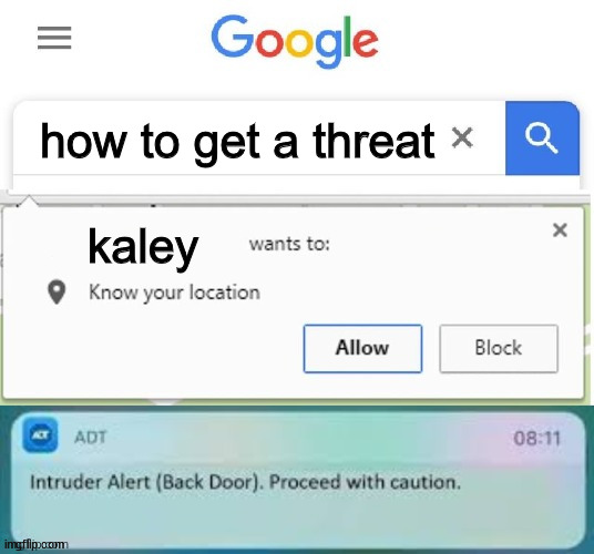 X Wants to know your location intruder alert | how to get a threat; kaley | image tagged in x wants to know your location intruder alert | made w/ Imgflip meme maker