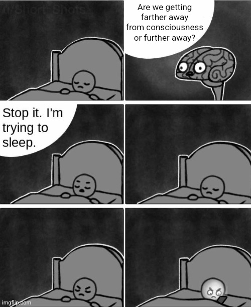 Well, neither now | Are we getting farther away from consciousness or further away? | image tagged in stop it i'm trying to sleep,literally,grammar,memes | made w/ Imgflip meme maker