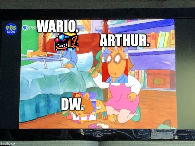 Arthur Smashing DW. | WARIO. ARTHUR. DW. | image tagged in dw smashing crazy bus | made w/ Imgflip meme maker