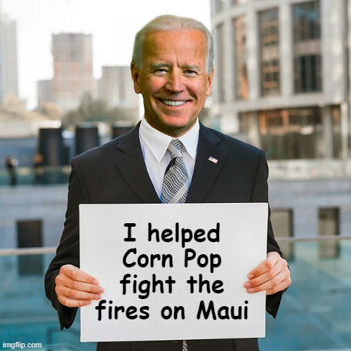 Maui fire | I helped Corn Pop fight the fires on Maui | image tagged in joe biden blank sign | made w/ Imgflip meme maker