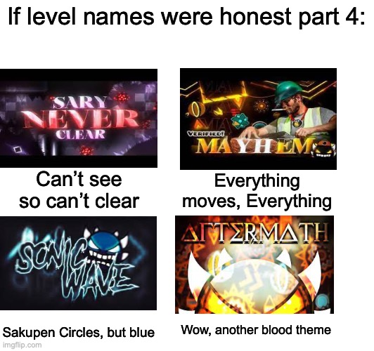 Oops, all extreme demons! | If level names were honest part 4:; Can’t see so can’t clear; Everything moves, Everything; Wow, another blood theme; Sakupen Circles, but blue | image tagged in geometry dash | made w/ Imgflip meme maker