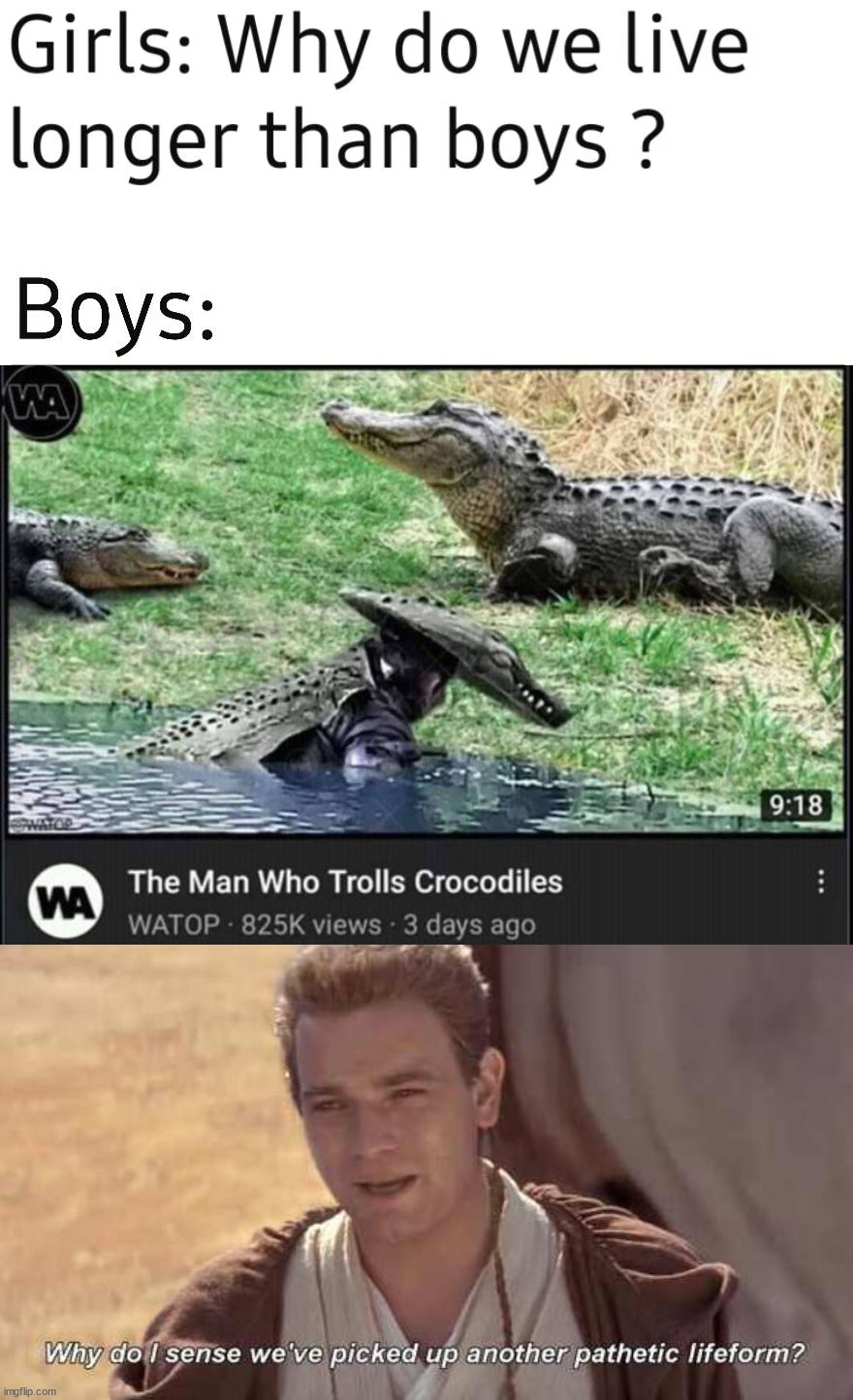 Time for the death roll | image tagged in why do we live longer than boys,why do i sense we've picked up another pathetic lifeform,alligator,camouflage | made w/ Imgflip meme maker