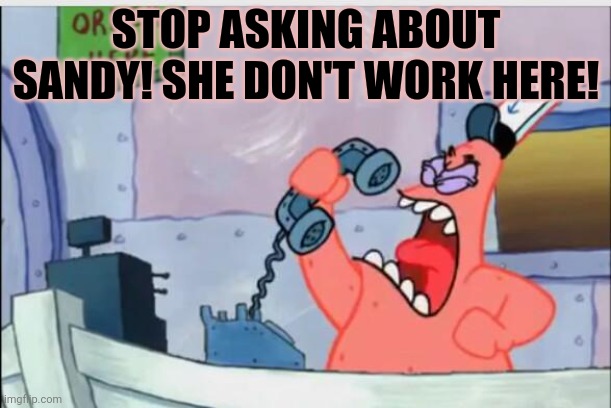 NO THIS IS PATRICK | STOP ASKING ABOUT SANDY! SHE DON'T WORK HERE! | image tagged in no this is patrick | made w/ Imgflip meme maker