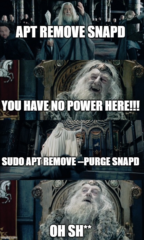 You Have No Power Here | APT REMOVE SNAPD; YOU HAVE NO POWER HERE!!! SUDO APT REMOVE --PURGE SNAPD; OH SH** | image tagged in funny memes,linux | made w/ Imgflip meme maker