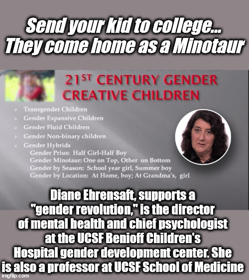 Send your kid to college...
They come home as a Minotaur; Diane Ehrensaft, supports a "gender revolution," is the director of mental health and chief psychologist at the UCSF Benioff Children's Hospital gender development center. She is also a professor at UCSF School of Medicine | image tagged in liberal logic,college liberal | made w/ Imgflip meme maker
