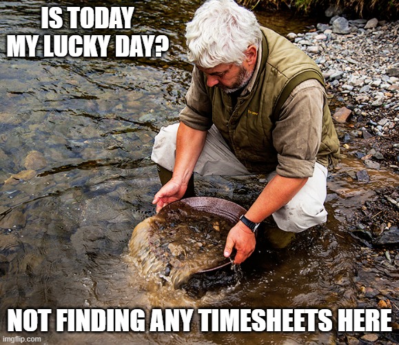 Panning for Timesheets | IS TODAY MY LUCKY DAY? NOT FINDING ANY TIMESHEETS HERE | image tagged in gold,panning,timesheets,prospector | made w/ Imgflip meme maker