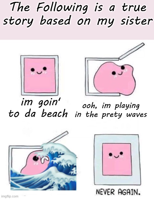 True Story | The Following is a true story based on my sister; ooh, im playing in the prety waves; im goin' to da beach | image tagged in never again,waves,pink blob in the box,this tag is not important | made w/ Imgflip meme maker