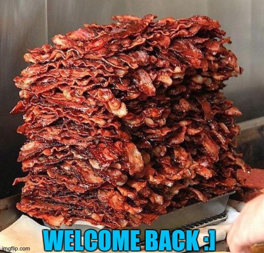 bacon | WELCOME BACK :] | image tagged in bacon | made w/ Imgflip meme maker