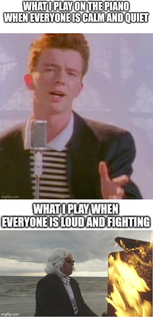 image tagged in music,piano,playing flaming piano,rick astley | made w/ Imgflip meme maker