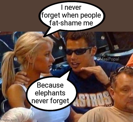 Never forget! | I never forget when people fat-shame me; Because elephants never forget | image tagged in guy talking to girl passionately,elephant,never forget,fat shame,dark humor | made w/ Imgflip meme maker