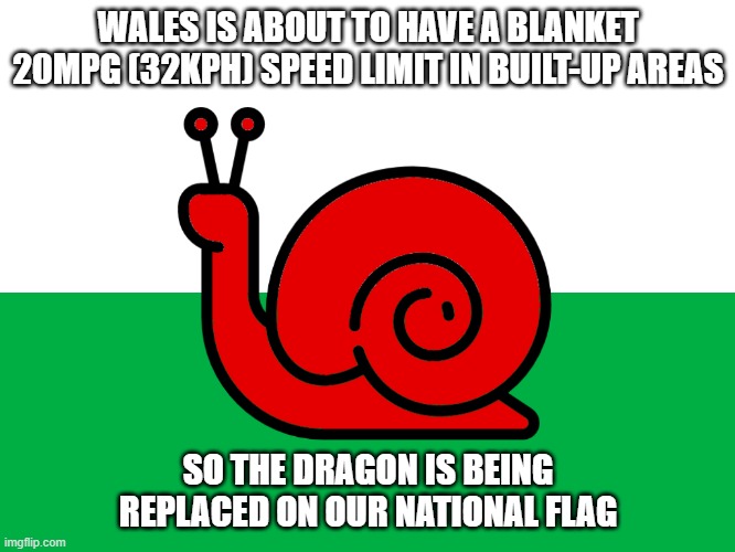 WELSH FLAG | WALES IS ABOUT TO HAVE A BLANKET 20MPG (32KPH) SPEED LIMIT IN BUILT-UP AREAS; SO THE DRAGON IS BEING REPLACED ON OUR NATIONAL FLAG | image tagged in snail,wales,flag,dragon | made w/ Imgflip meme maker