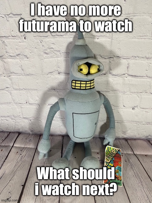 Bender plush | I have no more futurama to watch; What should i watch next? | image tagged in bunder plush | made w/ Imgflip meme maker