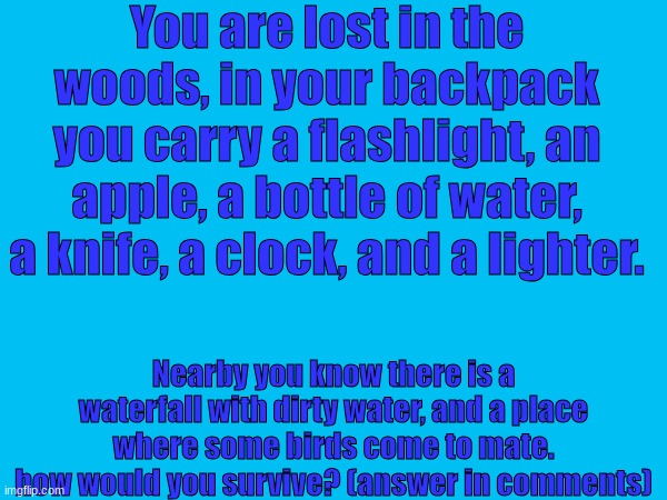 . | You are lost in the woods, in your backpack you carry a flashlight, an apple, a bottle of water, a knife, a clock, and a lighter. Nearby you know there is a waterfall with dirty water, and a place where some birds come to mate. how would you survive? (answer in comments) | image tagged in memes | made w/ Imgflip meme maker