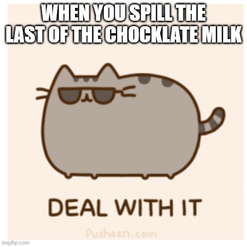 I did this once on accident | WHEN YOU SPILL THE LAST OF THE CHOCKLATE MILK | image tagged in pusheen deal with it | made w/ Imgflip meme maker