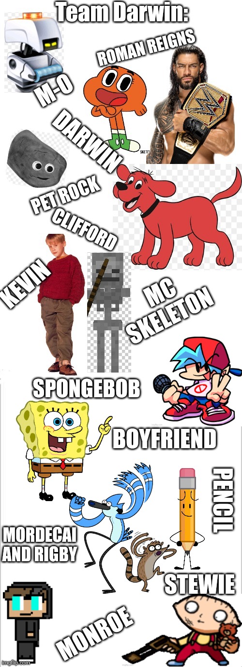 NEW RECRUITS TO TEAM DARWIN | SPONGEBOB; BOYFRIEND; PENCIL; MORDECAI AND RIGBY; STEWIE; MONROE | image tagged in new,true | made w/ Imgflip meme maker