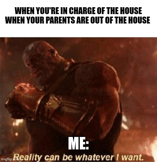 I'm in charge of the house right now :) | WHEN YOU'RE IN CHARGE OF THE HOUSE WHEN YOUR PARENTS ARE OUT OF THE HOUSE; ME: | image tagged in reality can be whatever i want | made w/ Imgflip meme maker